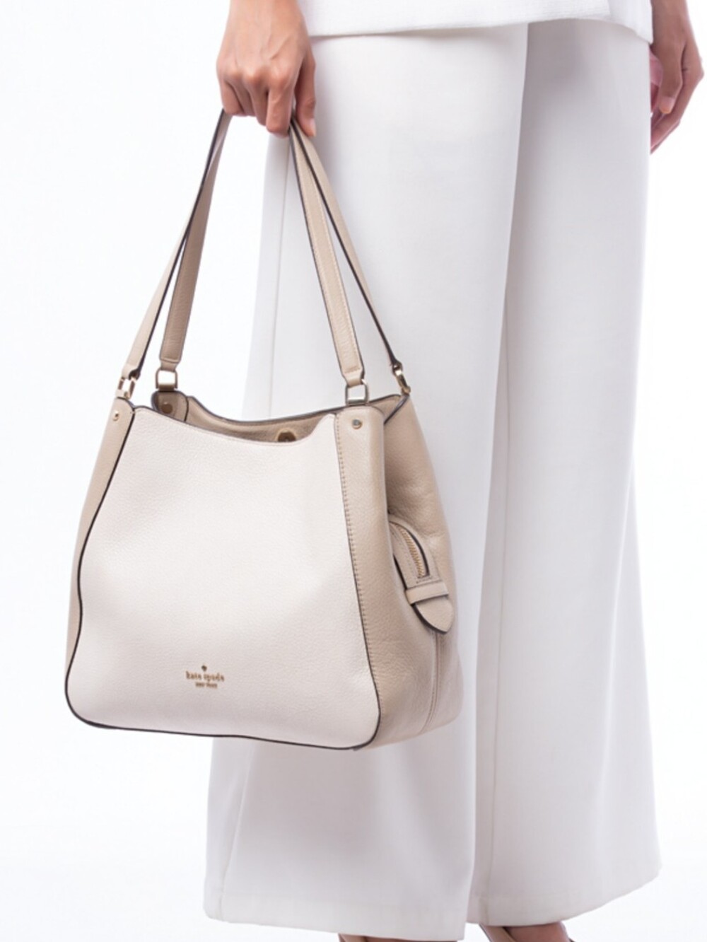 kate spade Cream Leila Pebbled Leather Shoulder Tote with Gold Logo Women's